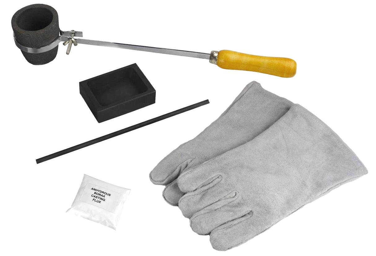 1 Kg torch melting kit with graphite crucible, mold, safety gloves, borax flux, tongs, and stir rod for metal casting