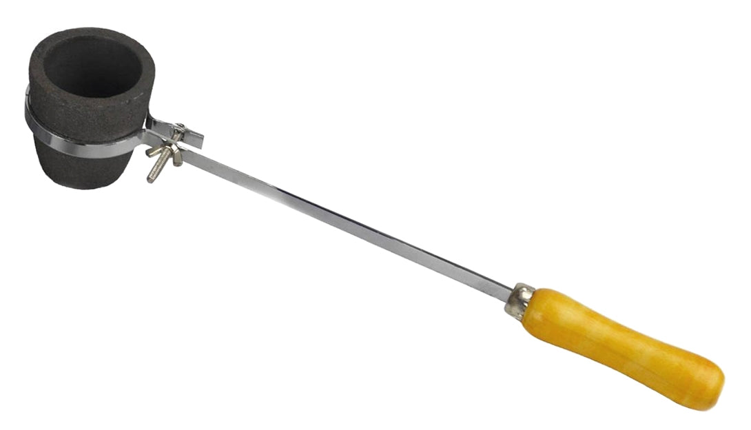 Foundry crucible with metal tong and wooden handle for melting metals