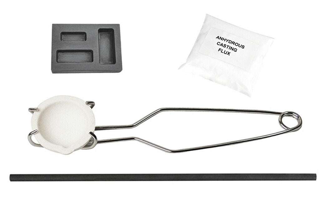 Torch Melting Kit with ceramic crucible, borax flux, mold, tongs, and stir rod for metal casting