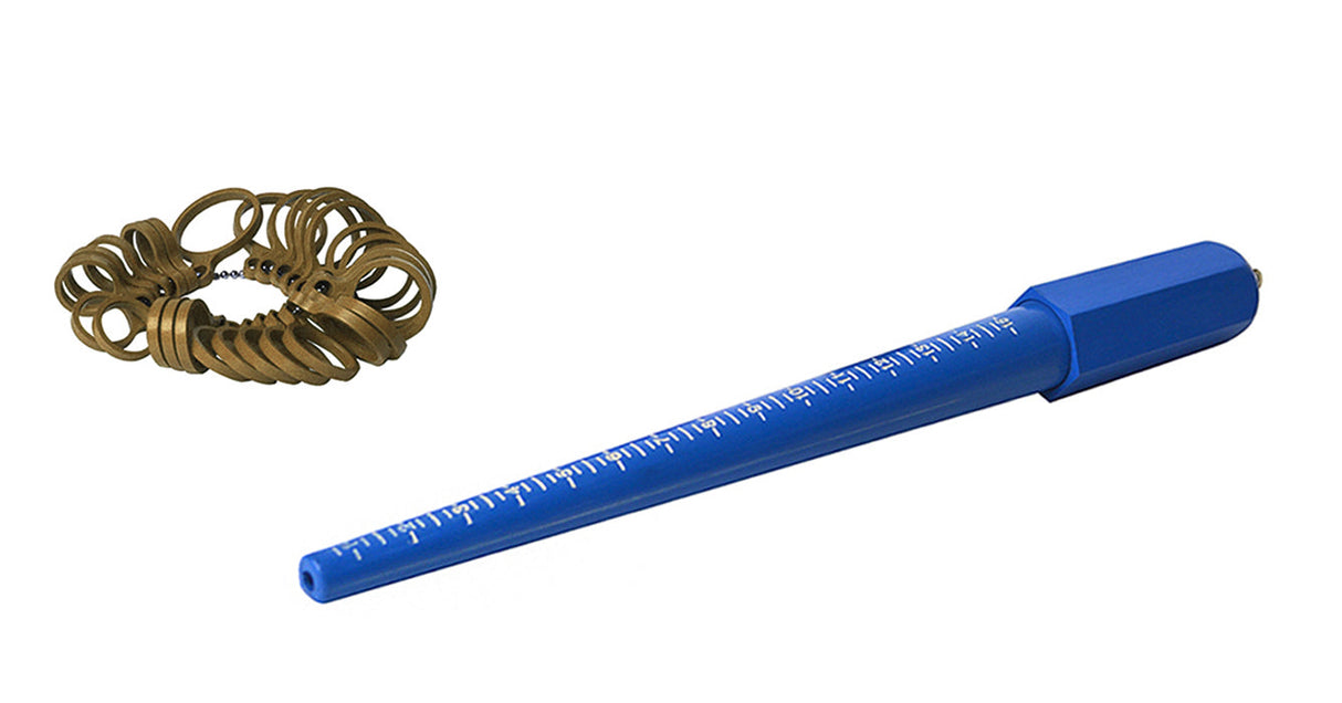 Plastic ring stick and gold-colored measuring gauge set for sizes 1-15 with half sizes on white background