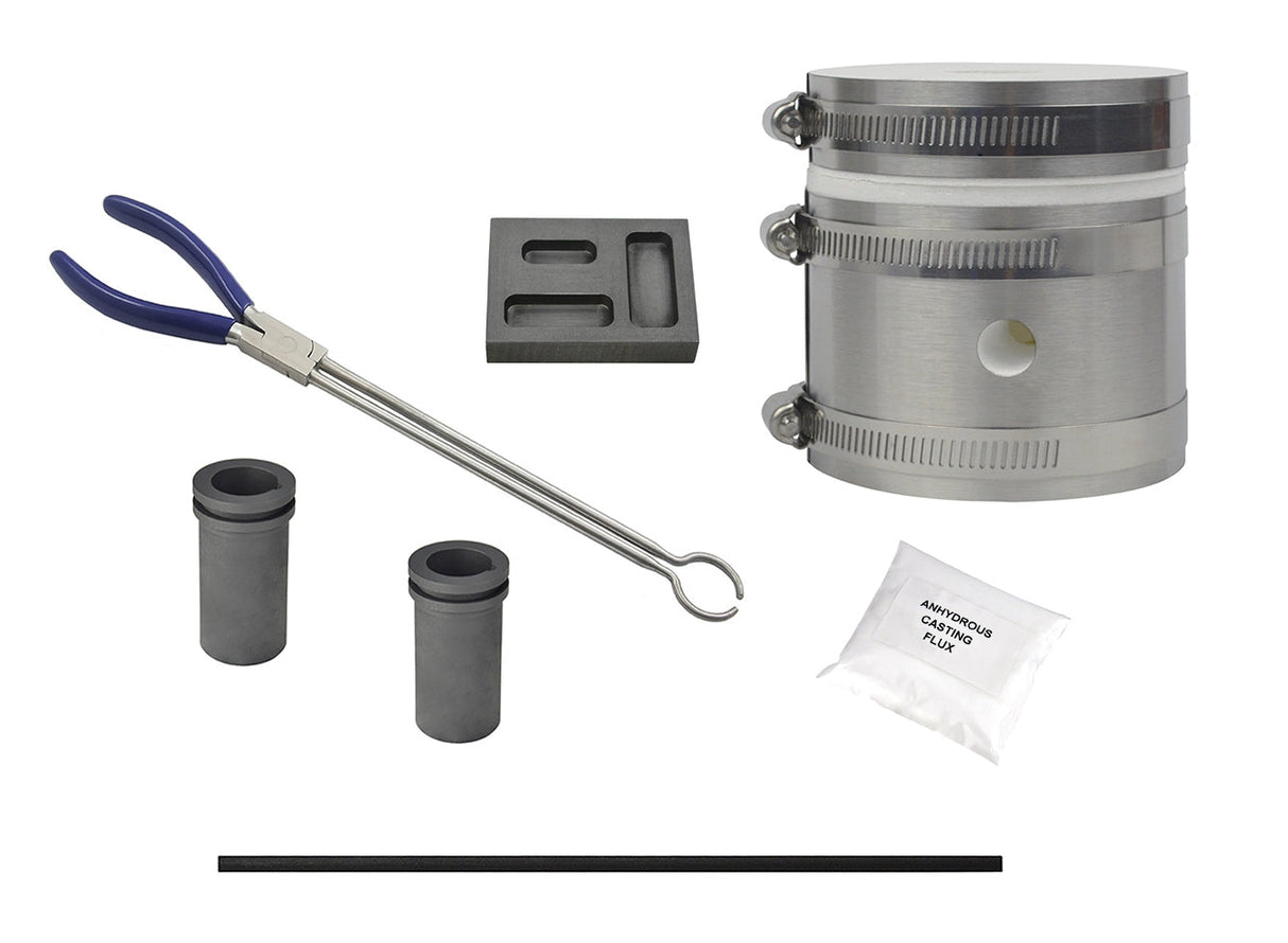 Mini Pro Kiln portable propane melting furnace kit with tongs, crucibles, clamps, and casting flux for gold, silver, and copper melts