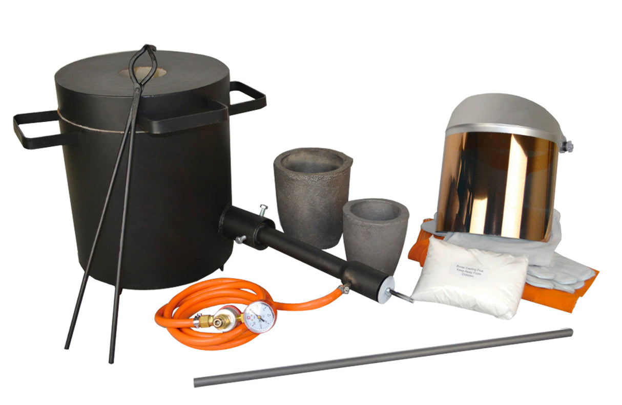 The 5 Kg Melter's Propane Furnace Kit with propane forge, crucibles, safety gear, and accessories for metal melting.
