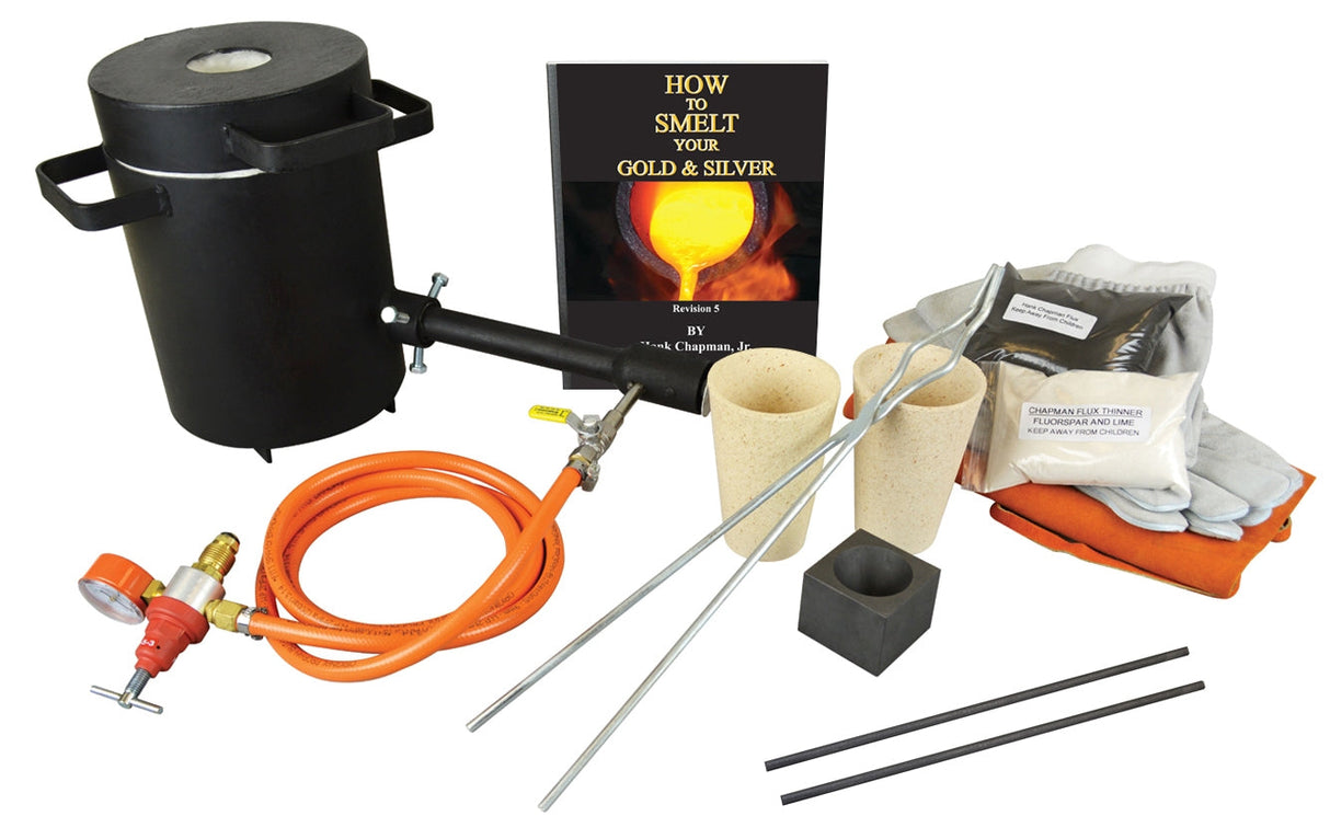 5 kg Refiner's Propane Furnace Kit with propane burner, melting crucibles, tongs, safety gloves, flux materials, and smelting guidebook