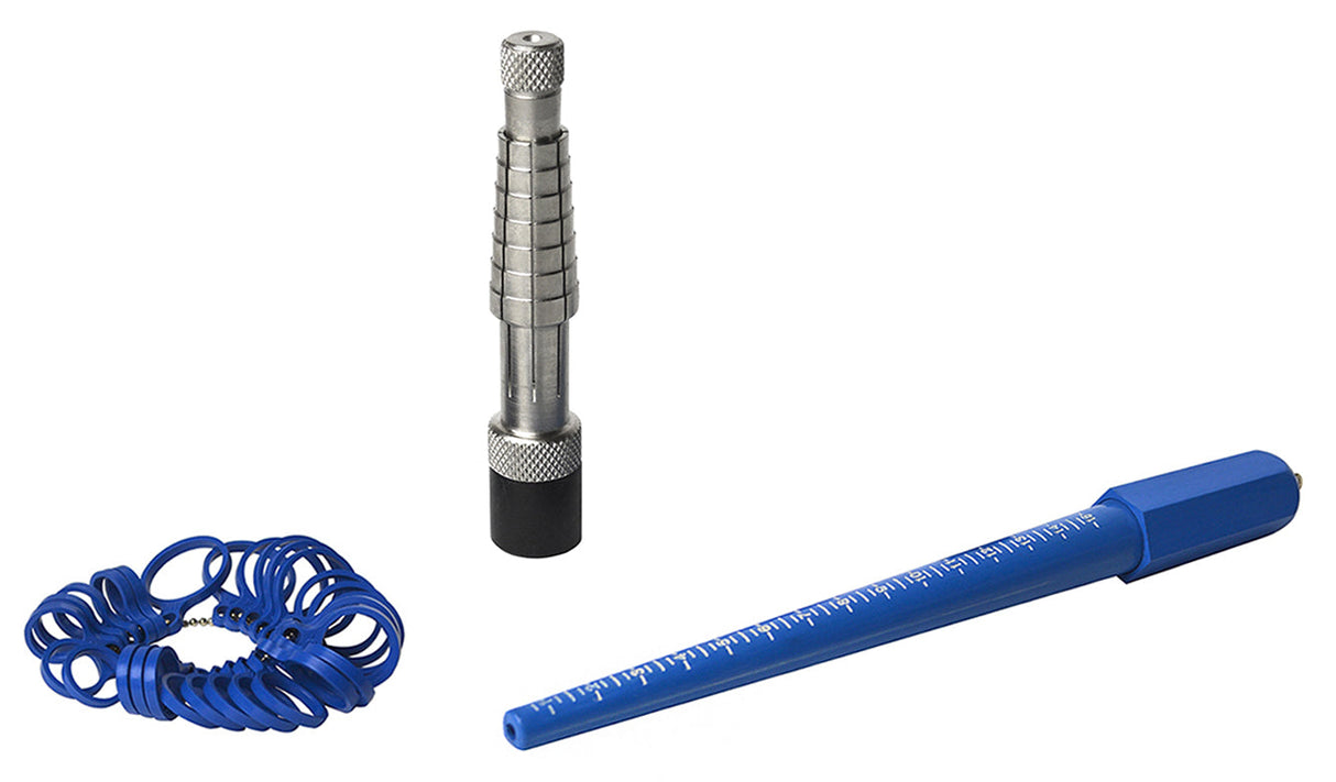 Ring Measuring and Stretching Kit with blue plastic ring gauge stick, metal Rathburn ring stretcher, and blue ring size sizer set