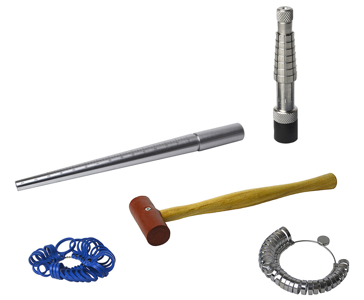 Ring Sizing Kit with Rathburn Ring Stretcher, mandrel stick, rawhide hammer, and plastic ring sizers for precise jewelry resizing