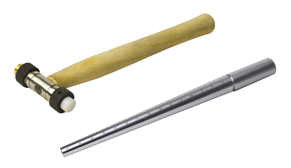 Ungrooved steel ring mandrel with measurements and brass/nylon hammer for jewelry making