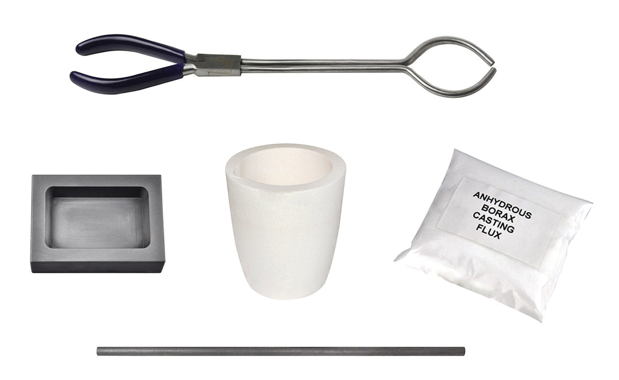 20 oz gold and 10 oz silver melting kit with ceramic crucible, tongs, stir rod, borax, and graphite ingot mold