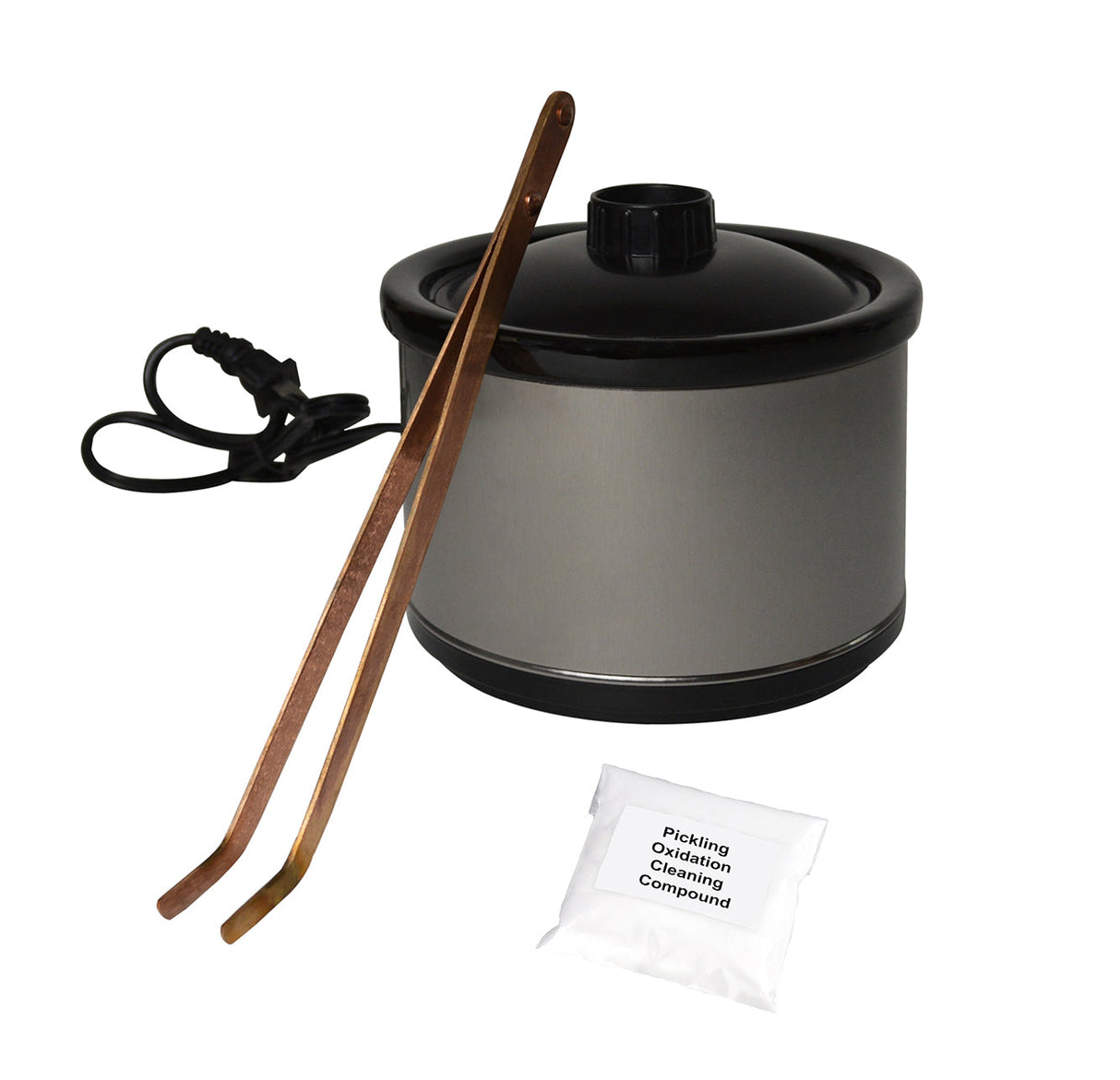 Solder cleaning kit with 16 oz pickle pot, copper tweezers, and 10 oz picking compound for oxidation removal and solder joint cleaning