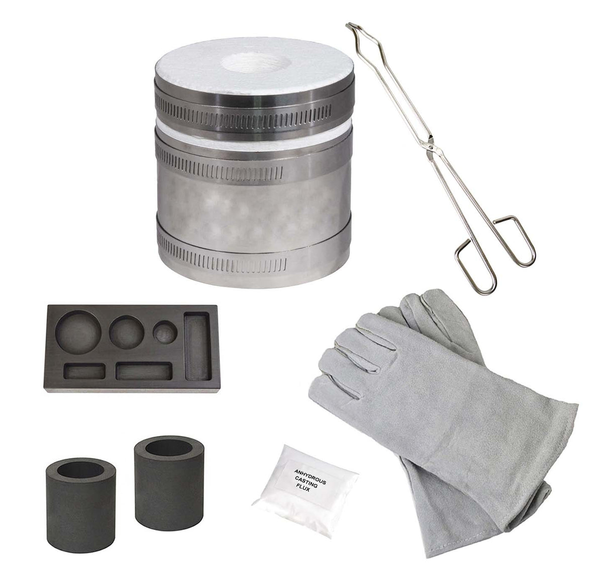 Deluxe Mini Pro Kiln Propane Furnace with 6-Cavity (1/4, 1/2, and 1 oz) Mold, Flux, Tongs, and Safety Gloves by PMC Supplies