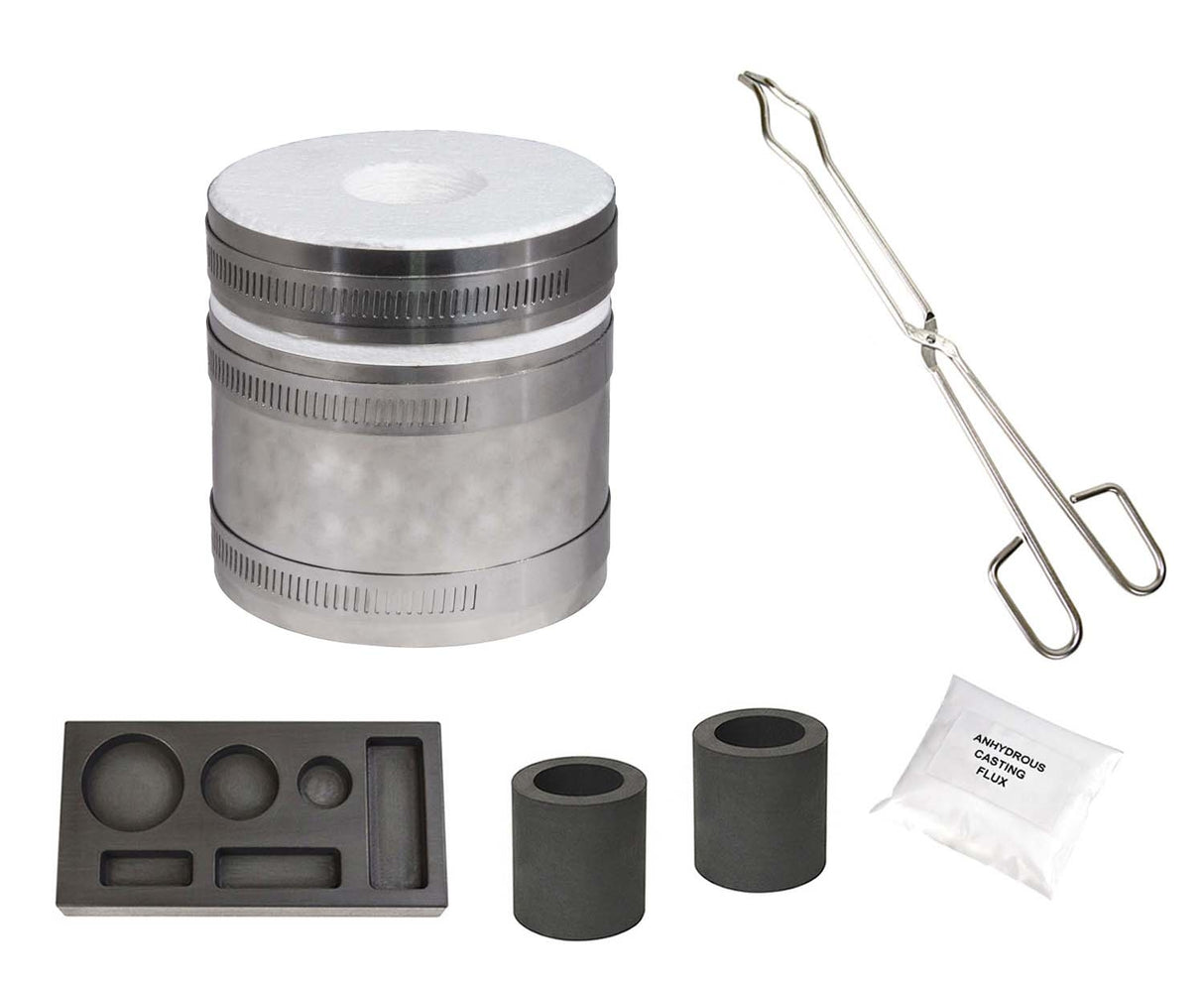 Deluxe Mini Pro Kiln Propane Furnace with 6 Cavity (1/4, 1/2, and 1 oz) Mold, Flux, Tongs, Crucibles by PMC Supplies