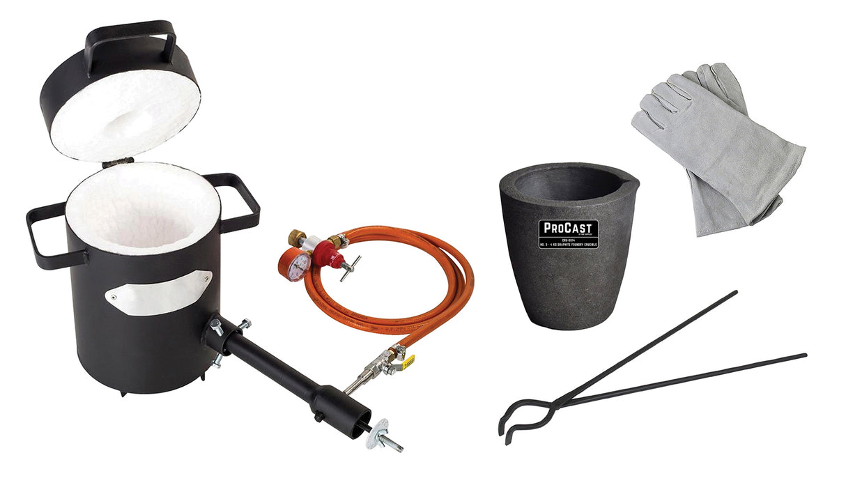 5 Kg Propane Furnace Kit with Graphite Foundry Crucible, 19" Hinge Tongs, and 13" Heat-Resistant Gloves by PMC Supplies