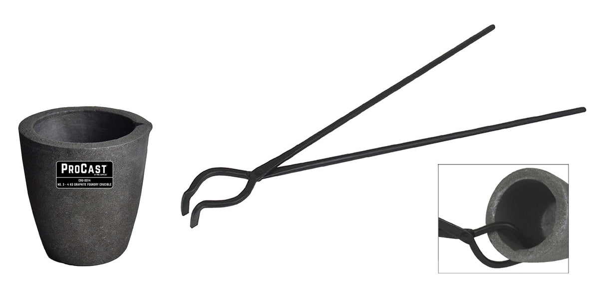 Clay graphite foundry crucible kit with 4 kg capacity and 19-inch hinge-style crucible tongs for metal melting