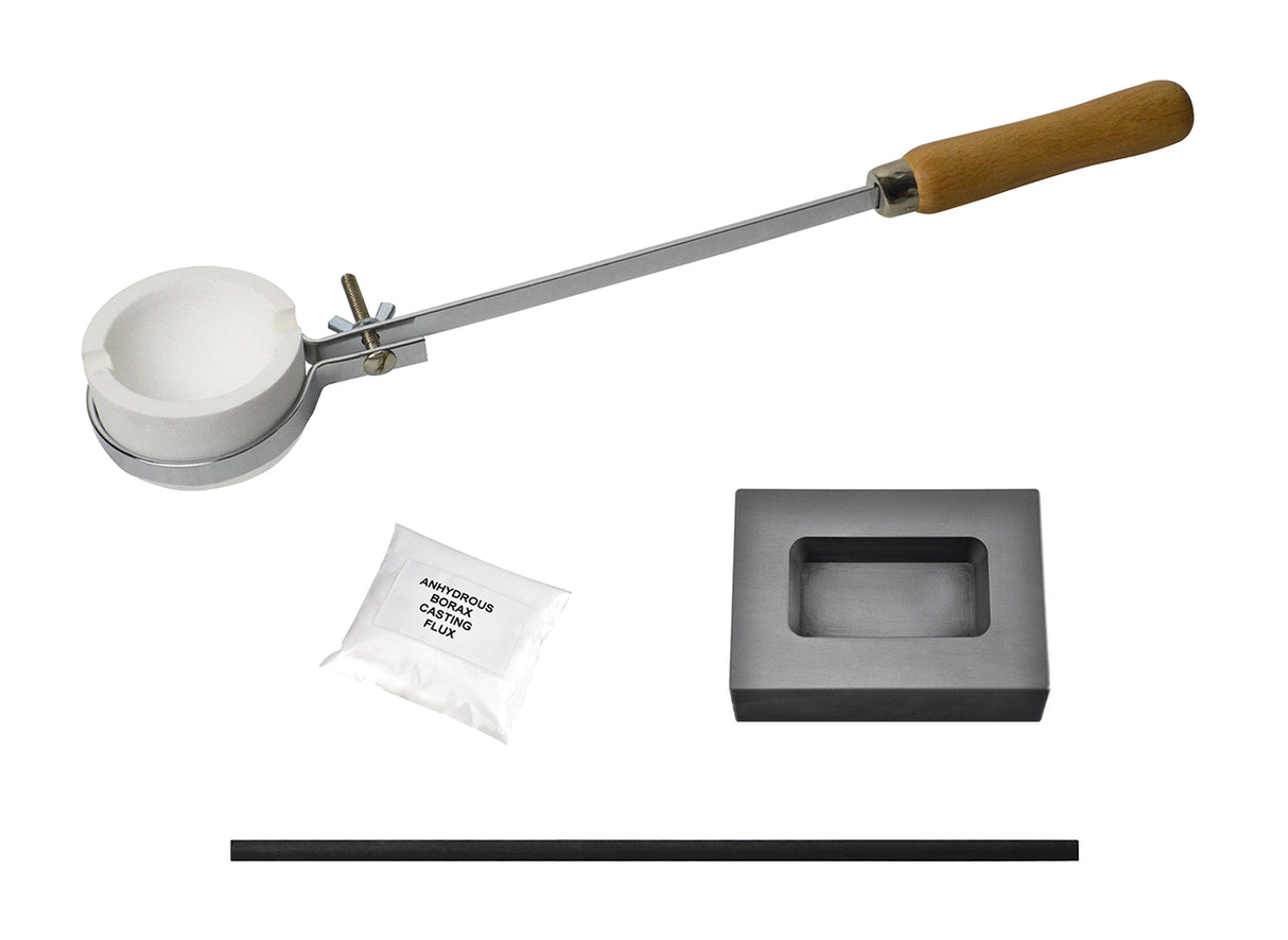Melting Kit with 18" Fly-Nut Tongs, Borax, 7 Oz Ceramic Crucible Dish, Stir Rod, & 10 Oz Gold Rectangular Graphite Ingot Mold by PMC Supplies