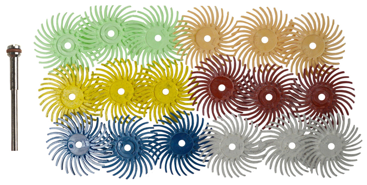 19-piece 3/4 inch 3M micron radial disc polishing set with reinforced mandrel in assorted colors for detailed finishing and oxidation removal