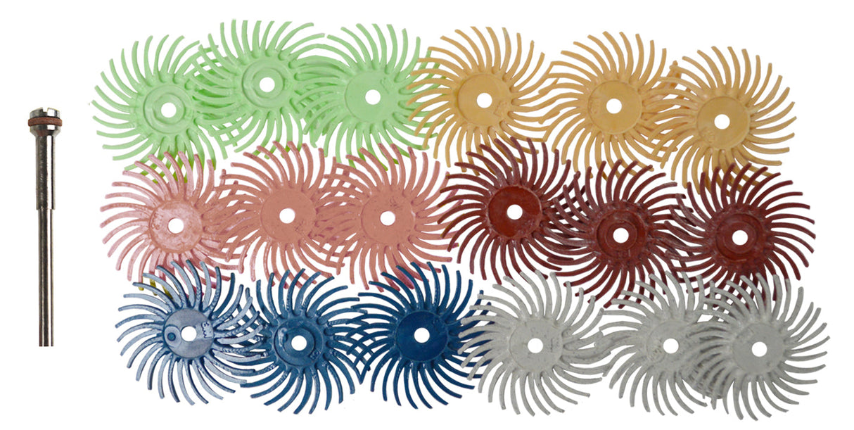 3M Micron Radial Disc Polishing Set with 19 colorful 9/16 inch radial discs and reinforced mandrel for metal finishing and detailing