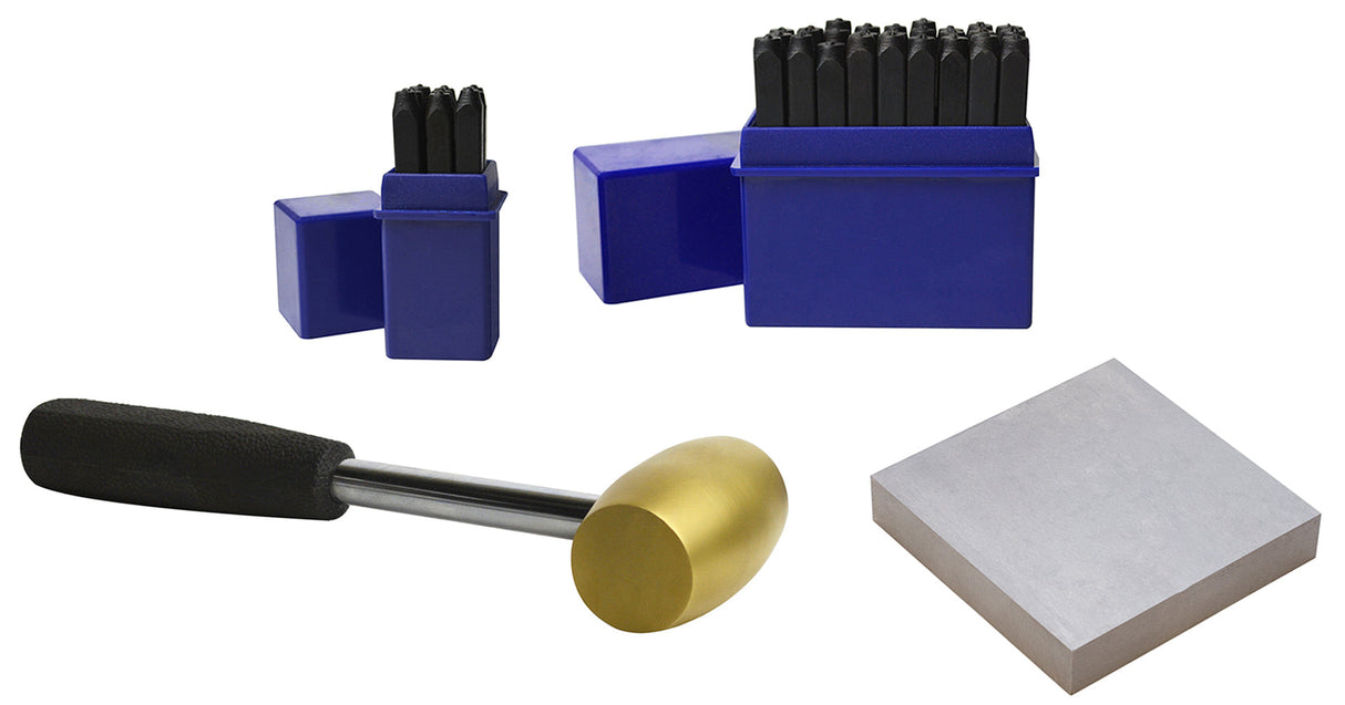 36-piece steel alphabet stamp set with brass hammer and steel bench block for metal stamping on soft metals