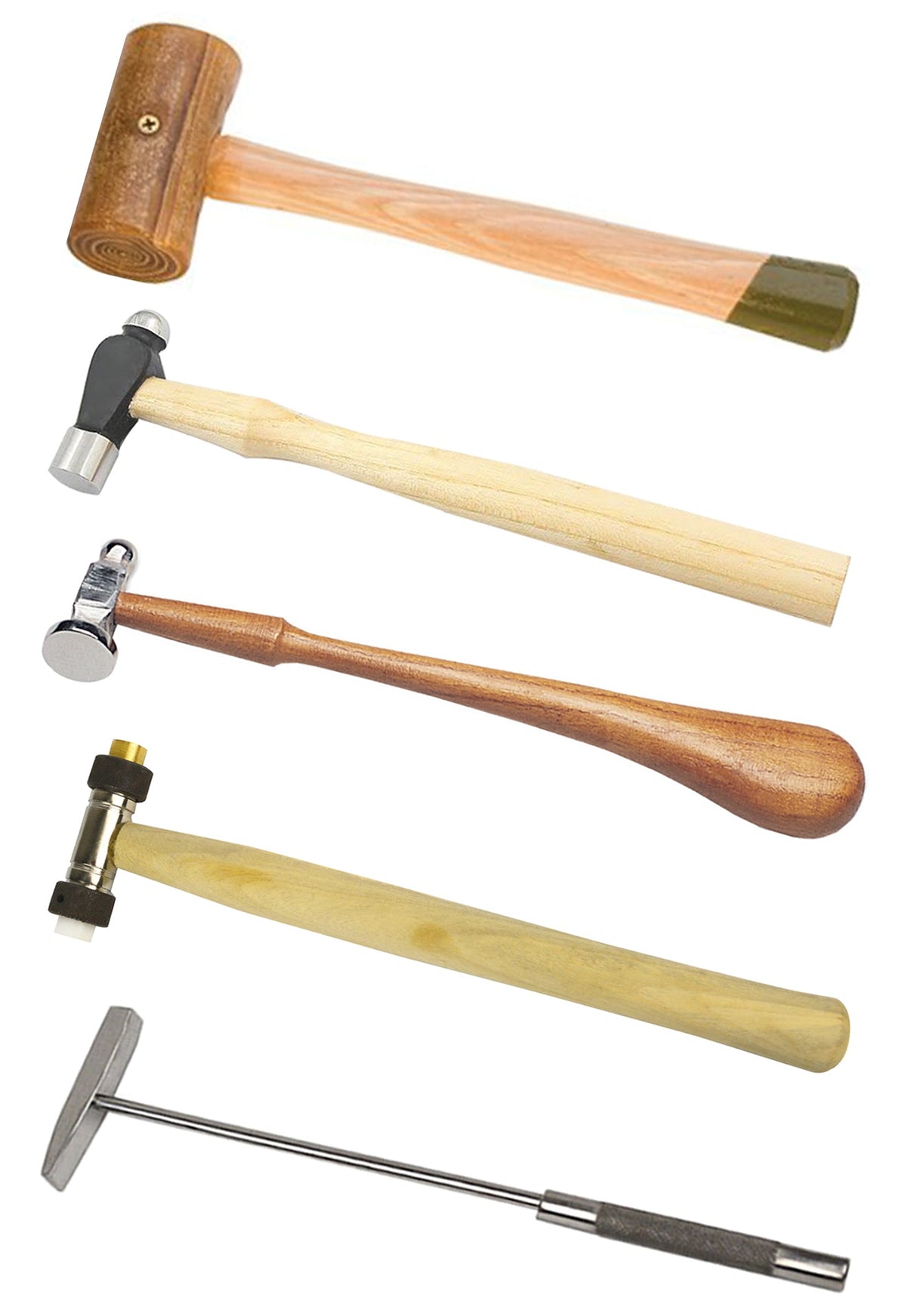 5-piece jeweler's hammer set with wooden and metal handles for precision jewelry making and metalwork