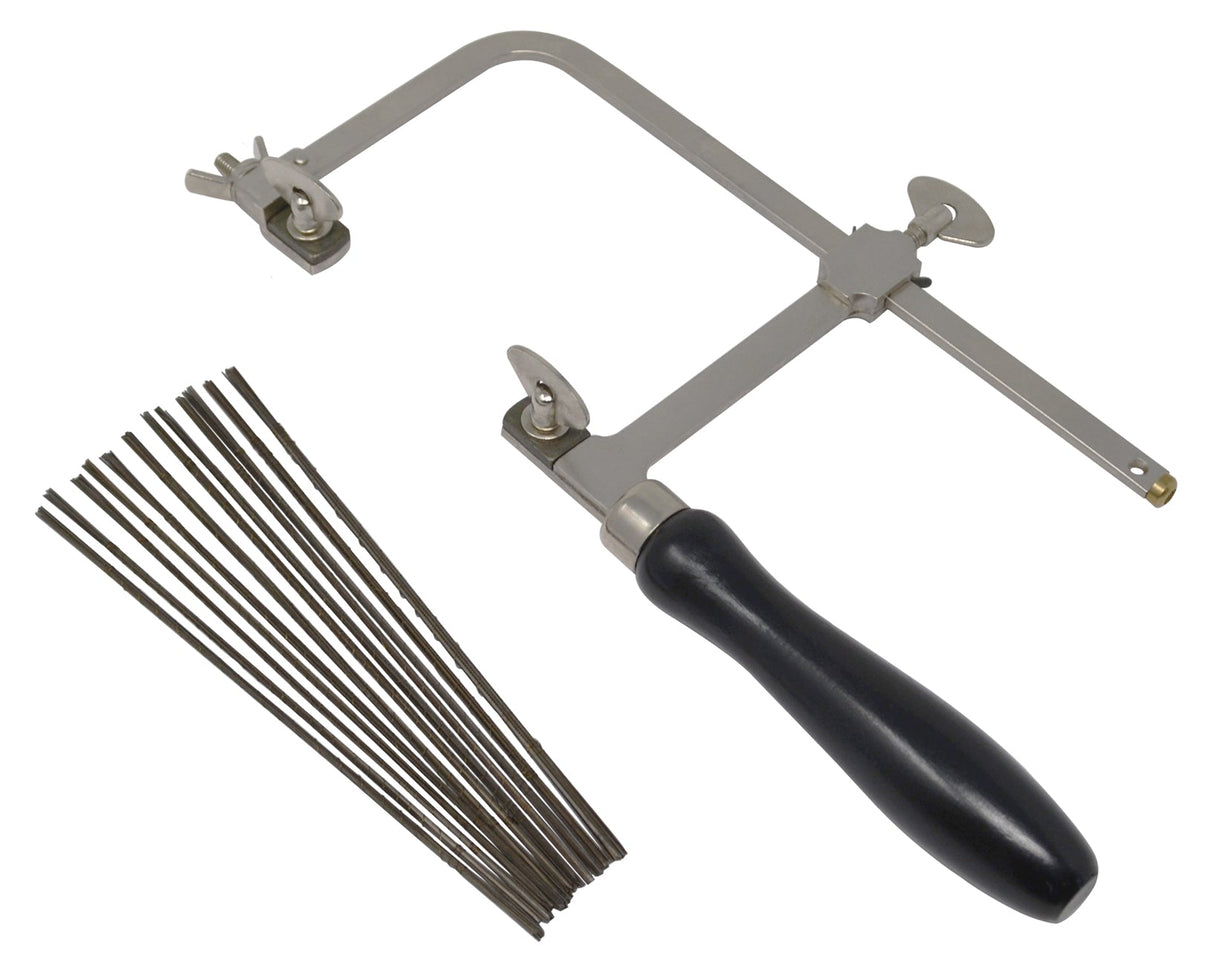 3-inch German-style sawframe with black handle and 144 assorted sawblades for precision cutting in jewelry making and metalworking