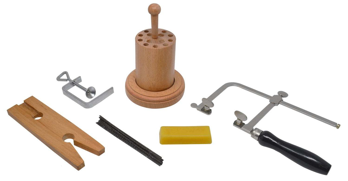 Jewelers Sawing Kit with Sawframe, Blades, Beeswax, Blade Organizer, & Bench Pin by PMC Supplies