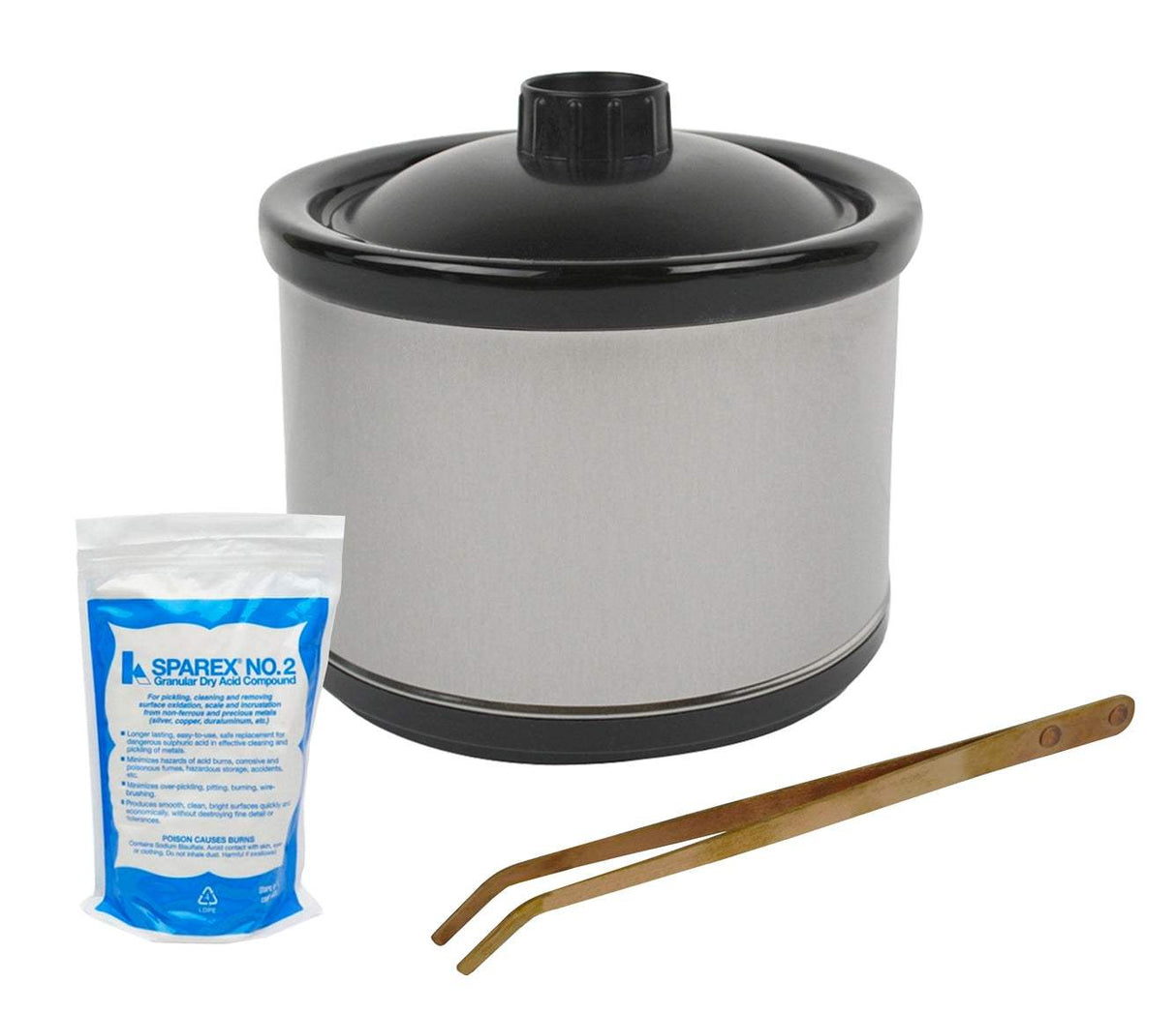 Jewelry soldering kit with stainless steel pickle pot, 10 oz Sparex compound, and copper tongs for jewelry assembly and cleaning