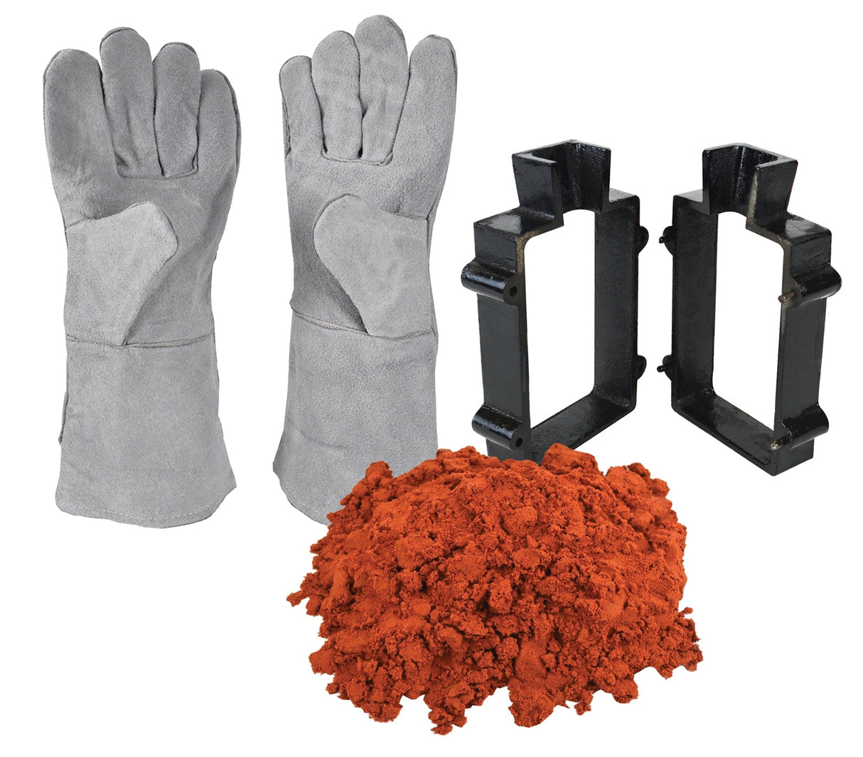 Sand casting set with 10 lbs Petrobond clay, cast iron mold flask frame, and heat-resistant gloves for DIY metal casting.