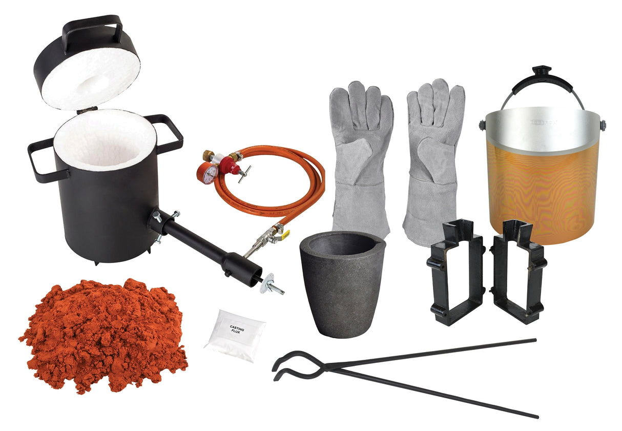 5 Kg Propane Furnace Sand Casting Set with 5 Lbs of Petrobond, Flux, Parting Powder, Mold Frame, Face Shield, Gloves, Crucible, & Tongs by PMC Supplies