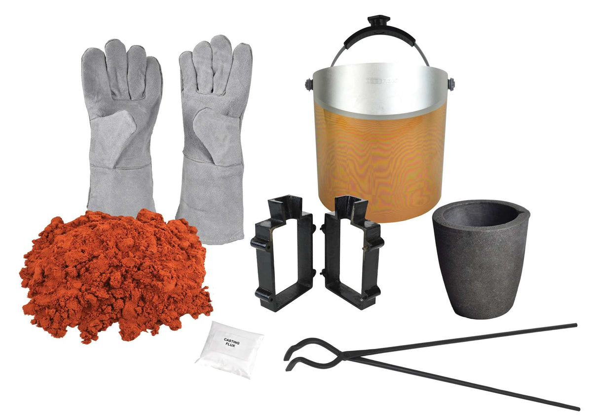 Sand Casting Set with 10 Lbs of Petrobond, Tongs, Graphite Crucible, Cast Iron Mold Flask Frame, Parting Powder, Flux, & Safety Gear by PMC Supplies