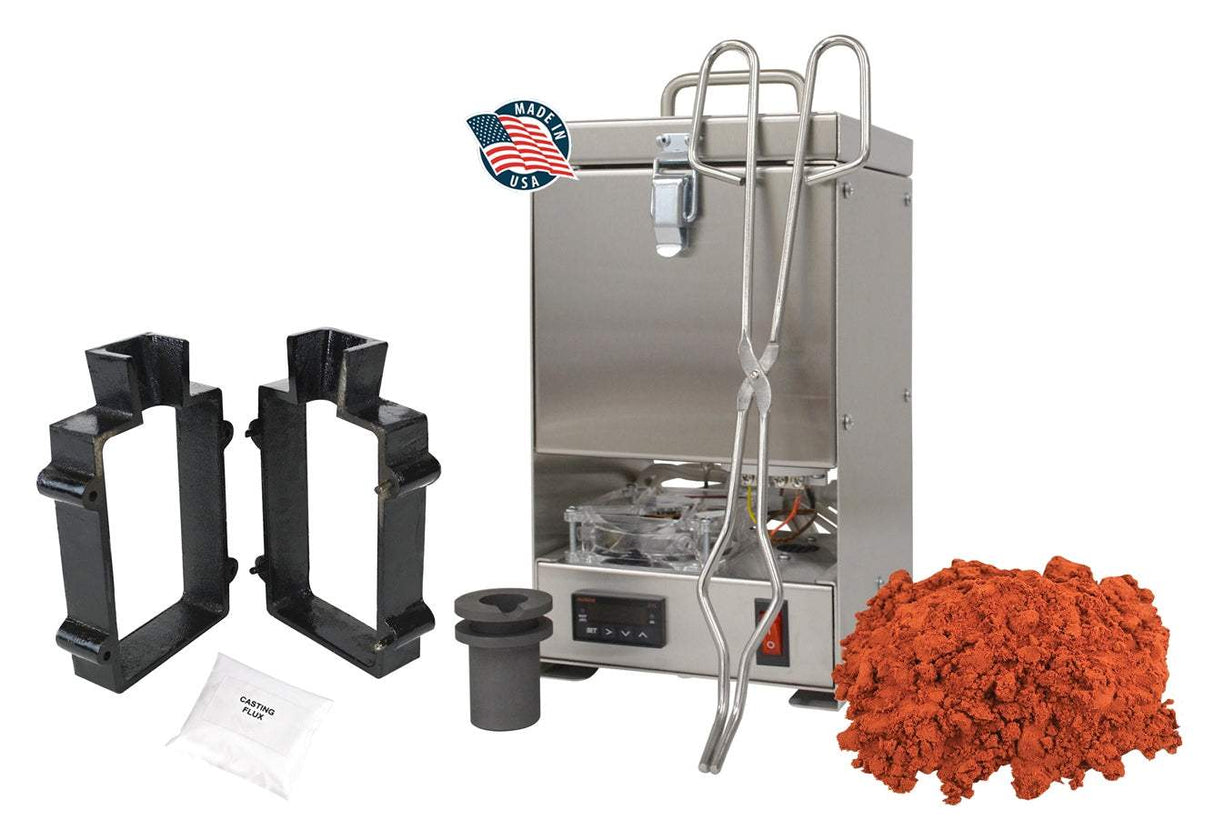10 oz QuikMelt tabletop furnace sand casting set with Petrobond, tongs, crucible, cast iron mold frame, parting powder, and flux for metal melting and casting projects