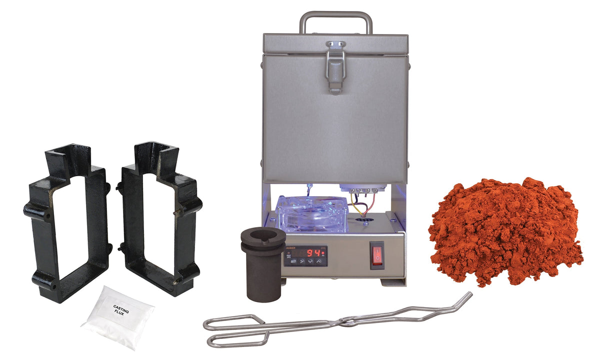 30 Oz QuikMelt TableTop Furnace sand casting set with Petrobond, tongs, crucible, cast iron mold flask, parting powder, and flux for metal melting and casting