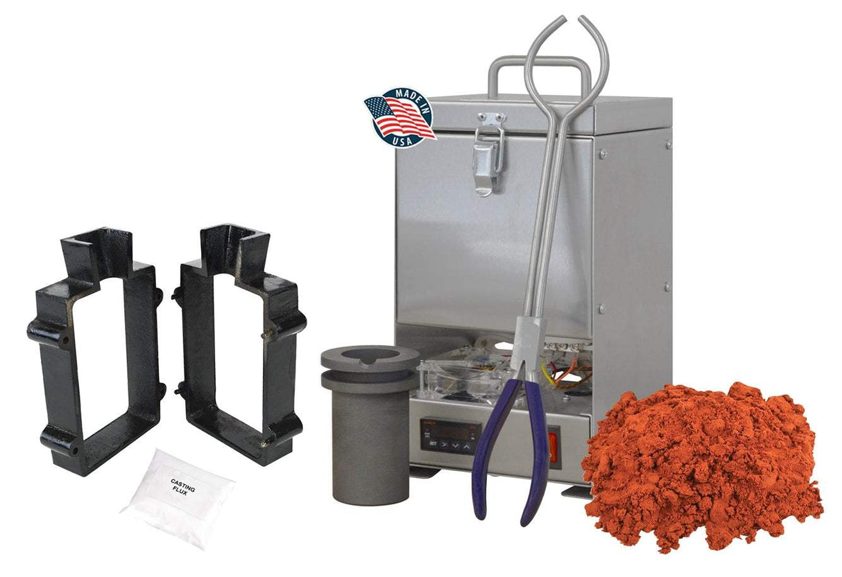 60 Oz QuikMelt TableTop Furnace sand casting set with Petrobond, tongs, crucible, cast iron mold frame, parting powder, and flux