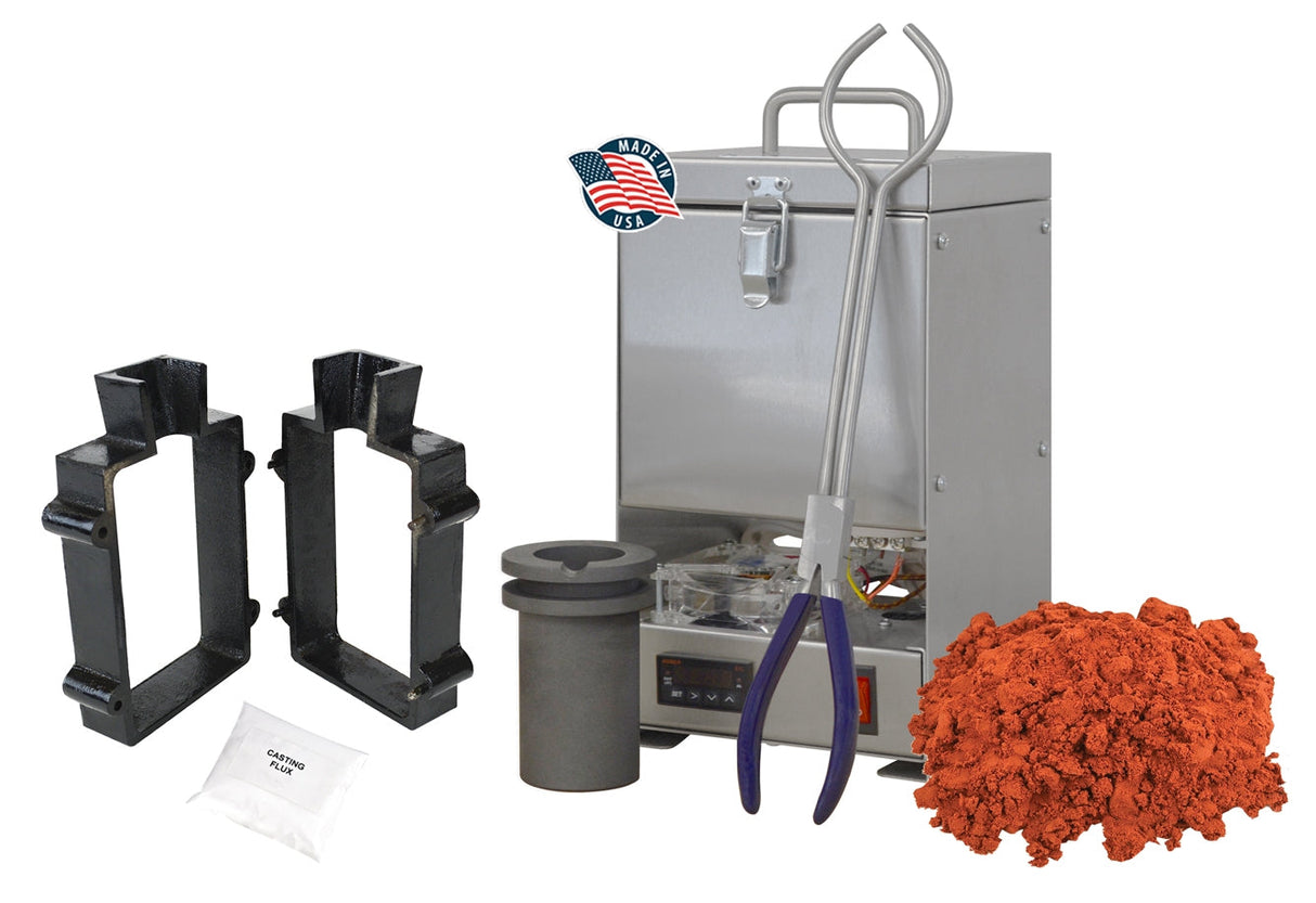 60 Oz QuikMelt tabletop furnace sand casting set with Petrobond sand, crucible, tongs, cast iron mold frame, parting powder, and flux