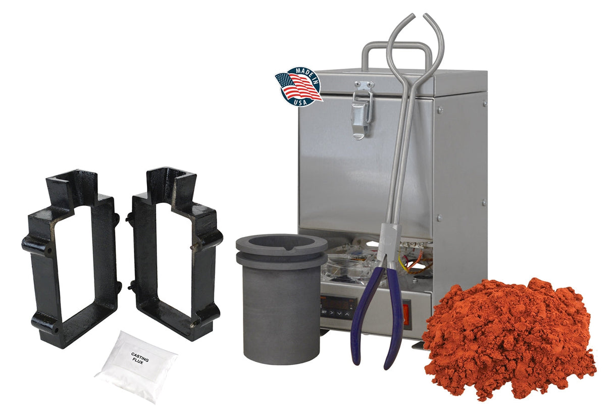 100 Oz QuikMelt TableTop Furnace sand casting set with furnace, crucible, tongs, Petrobond mold sand, cast iron mold flask frame, parting powder, and flux