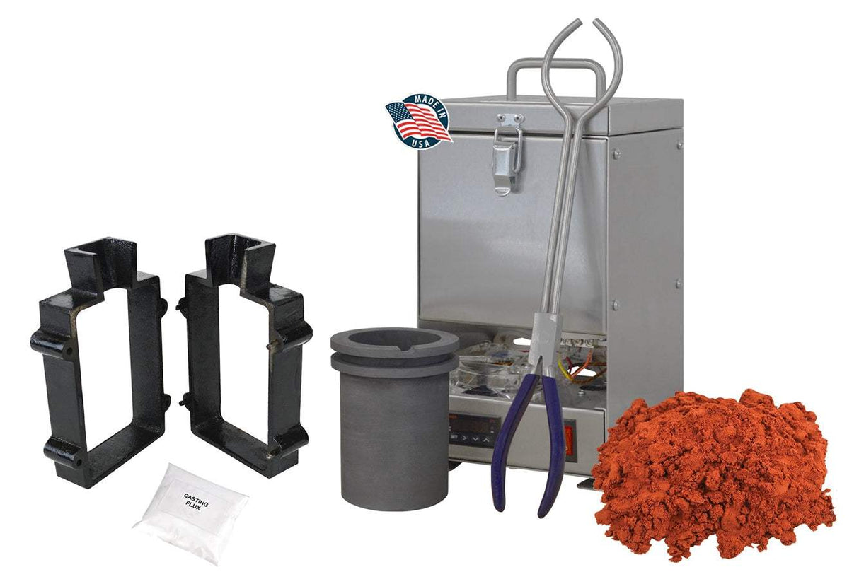 100 Oz QuikMelt tabletop furnace sand casting set with Petrobond sand, crucible, tongs, mold flask frame, parting powder, and flux