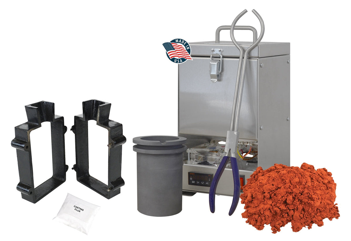 120 Oz QuikMelt tabletop furnace sand casting set with Petrobond sand, crucible, tongs, cast iron mold flask frame, parting powder, and flux for home metal casting