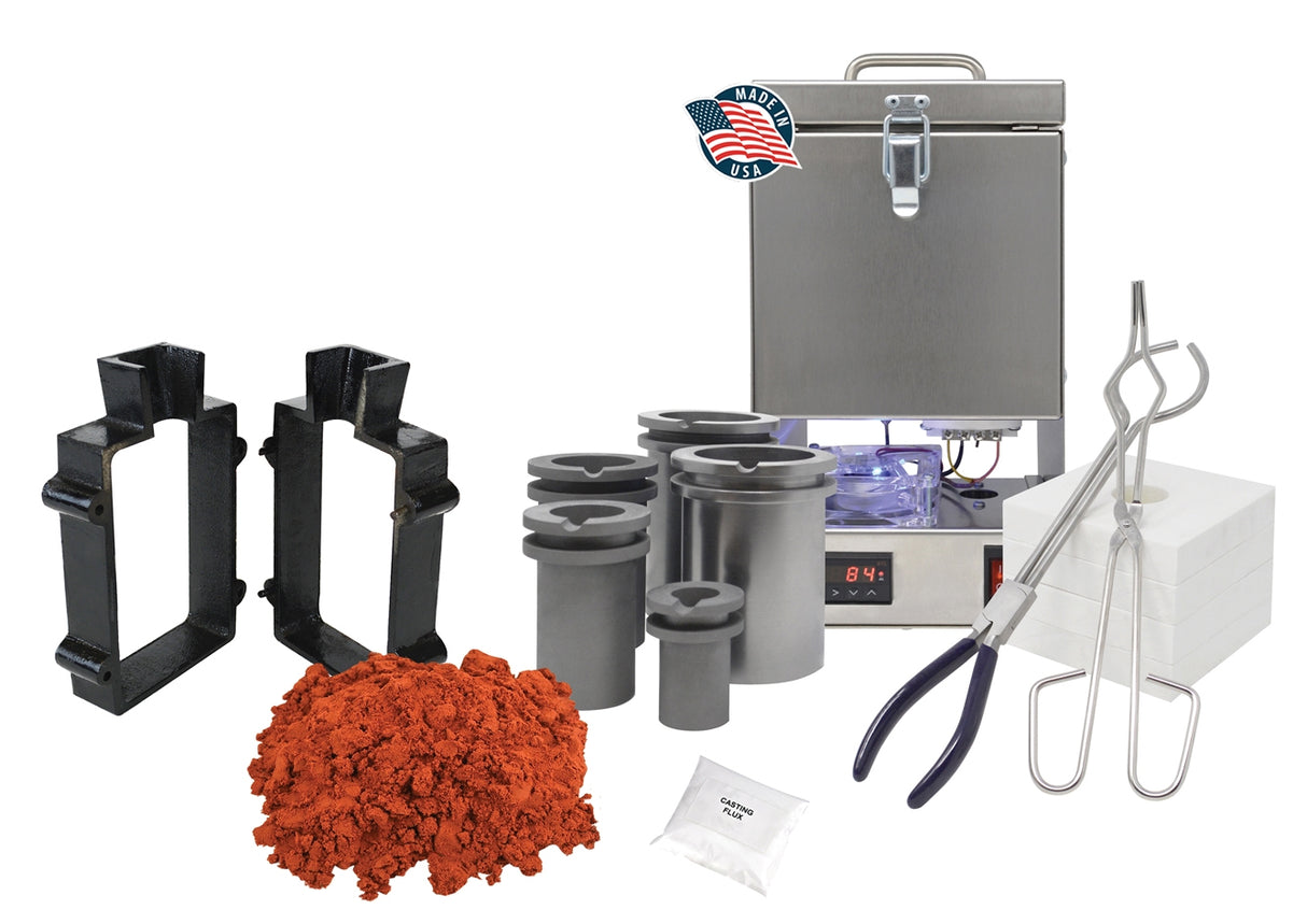 Deluxe QuikMelt TableTop Furnace Sand Casting Set with 5 Lbs of Petrobond, Flanges, Tongs, Crucibles, Mold Frame, Parting Powder, & Flux by PMC Supplies