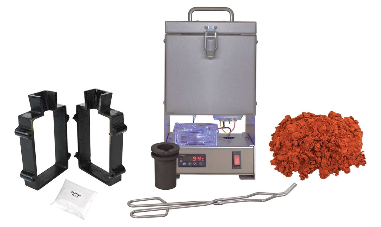 30 Oz QuikMelt TableTop Furnace sand casting kit with Petrobond, tongs, crucible, cast iron mold frame, parting powder, and flux for home metal casting