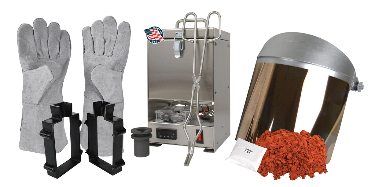 10 oz QuikMelt TableTop Furnace sand casting set with Petrobond sand, tongs, crucible, cast iron mold flask, safety gear, parting powder, and flux