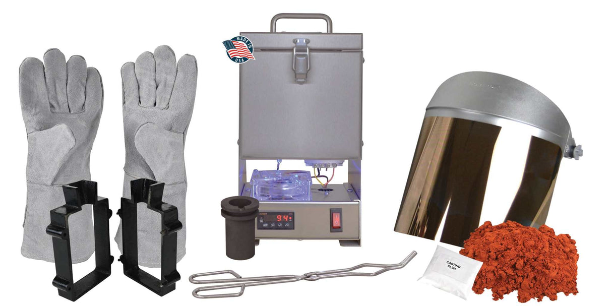 30 Oz QuikMelt tabletop furnace sand casting kit with Petrobond, safety gear, tongs, crucible, mold frame, parting powder, and flux