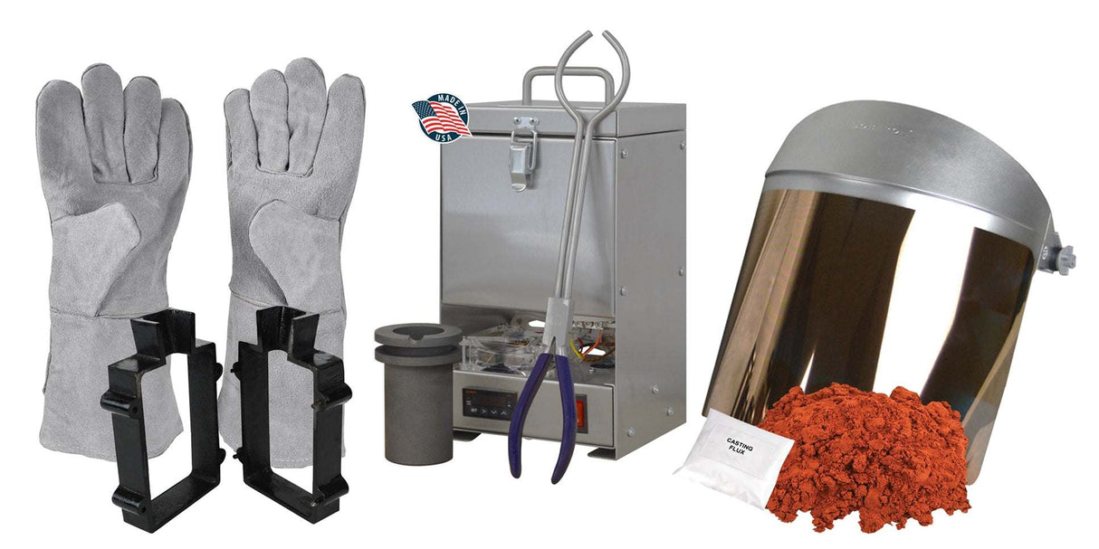 60 Oz QuikMelt TableTop Furnace sand casting set with furnace, 5 lbs Petrobond, safety gear, tongs, crucible, cast iron mold frame, parting powder, and flux