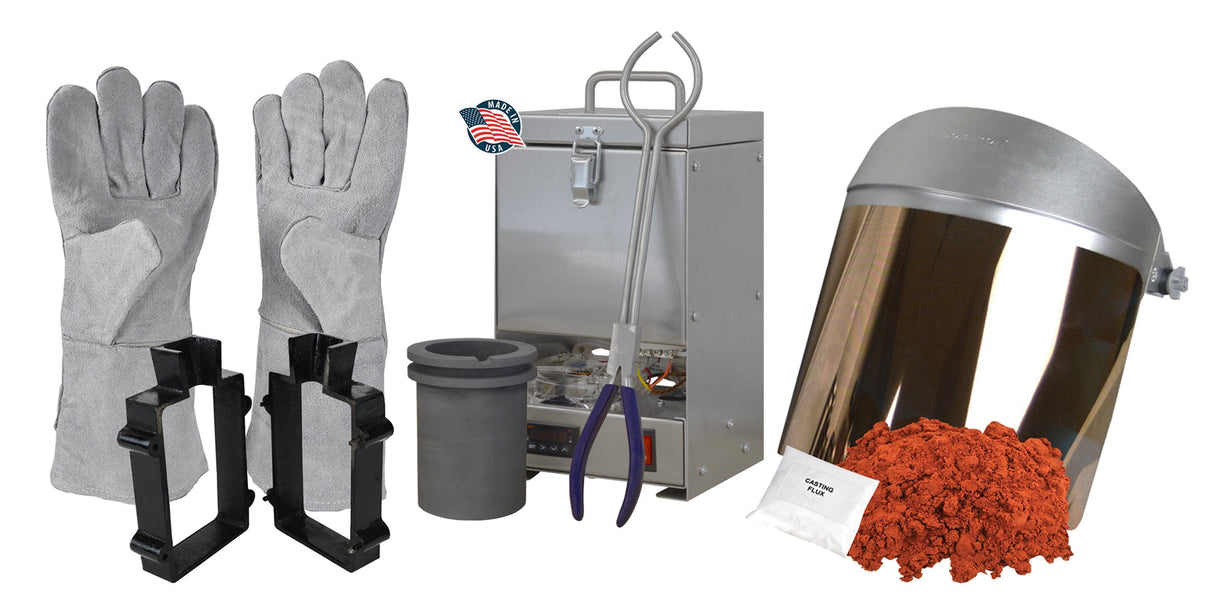 100 Oz QuikMelt TableTop Furnace Sand Casting Set with Petrobond, safety gear, tongs, crucible, and cast iron mold frame