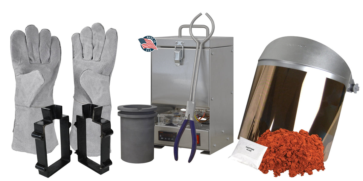 120 Oz QuikMelt tabletop furnace sand casting set with Petrobond, tongs, crucible, cast iron mold flask, parting powder, and flux