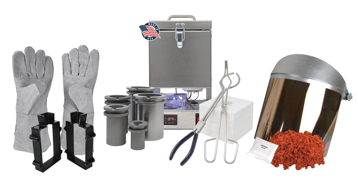Deluxe QuikMelt TableTop Furnace Sand Casting Set with 10 Lbs of Petrobond, Safety Gear, Flanges, Tongs, Crucibles, Mold Frame, Parting Powder, & Flux by PMC Supplies