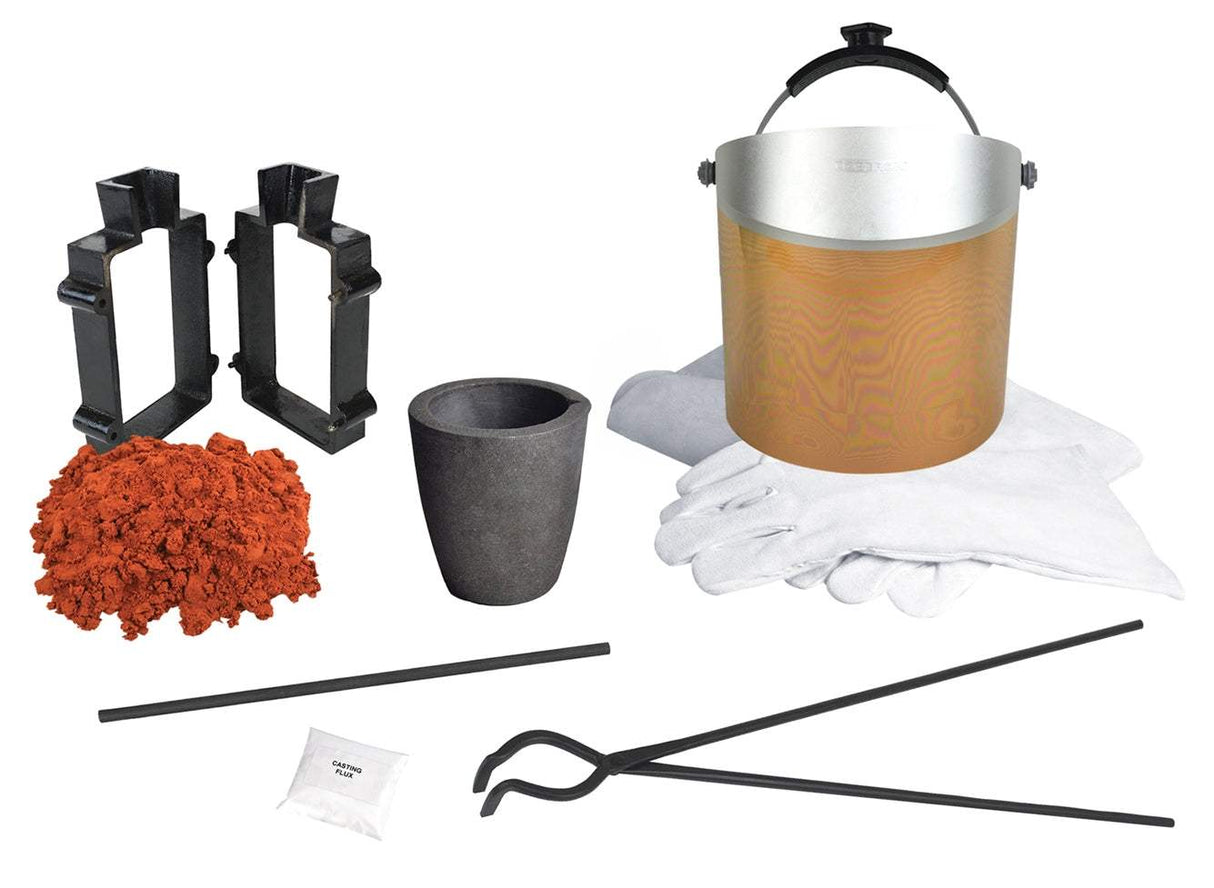 Sand Casting Set with 10 Lbs of Petrobond, Flux, Parting Powder, Mold Frame, Face Shield, Gloves, Apron, Crucible, & Tongs by PMC Supplies