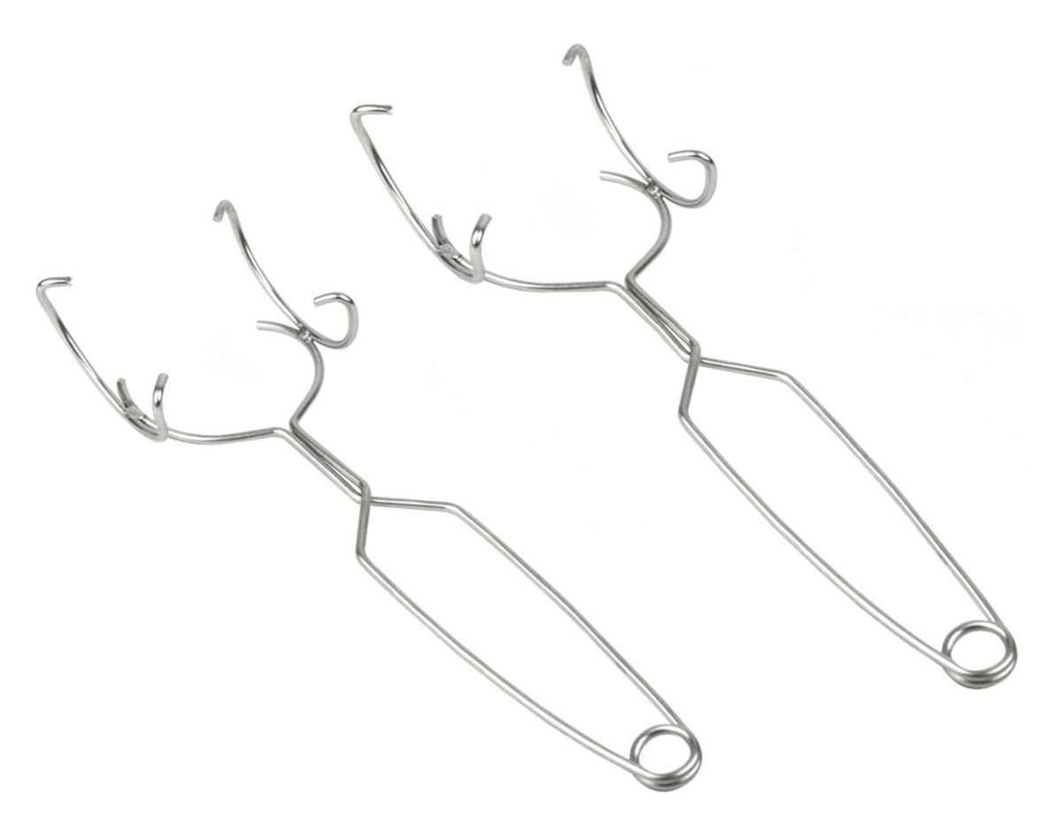 Set of 2 Whip Tongs in silver metal wire, with open curved prongs and looped handles in two sizes.