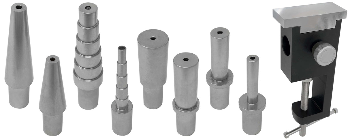 Forming Mandrel Set with multiple steel mandrels and black benchtop mandrel holder clamp for precise metal shaping and forming tasks.