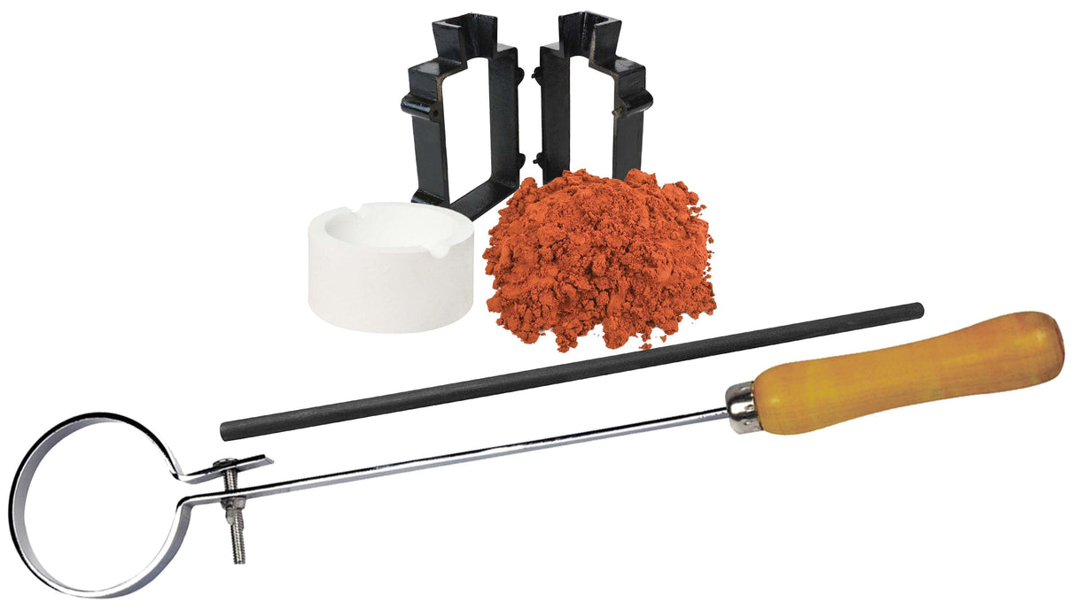 Sand casting set with Delft clay sand, cast iron mold frame, ceramic crucible, tongs, and stir rod kit