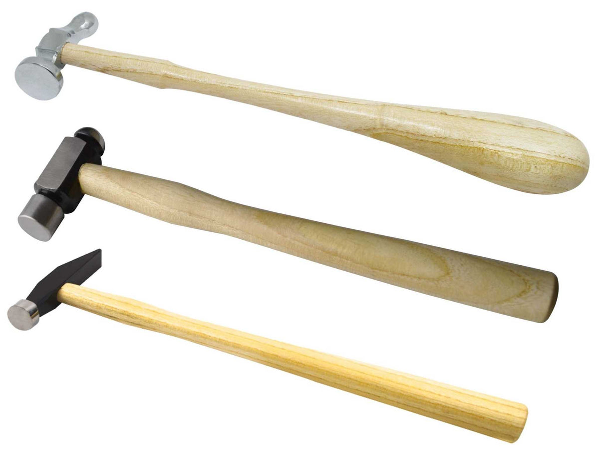 Set of 3 jewelry making hammers including chasing, cross peen, and ball peen for metal shaping and texturing
