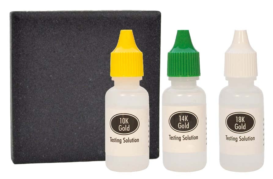 Gold Test Acid Kit with 10K, 14K, 18K testing solutions and 2x2 inch black scratch testing stone for karat verification