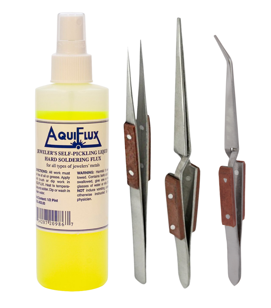 Precision soldering kit with Aquiflux flux and fiber cross-locking tweezers set for clean, reliable joints and precise electronic work