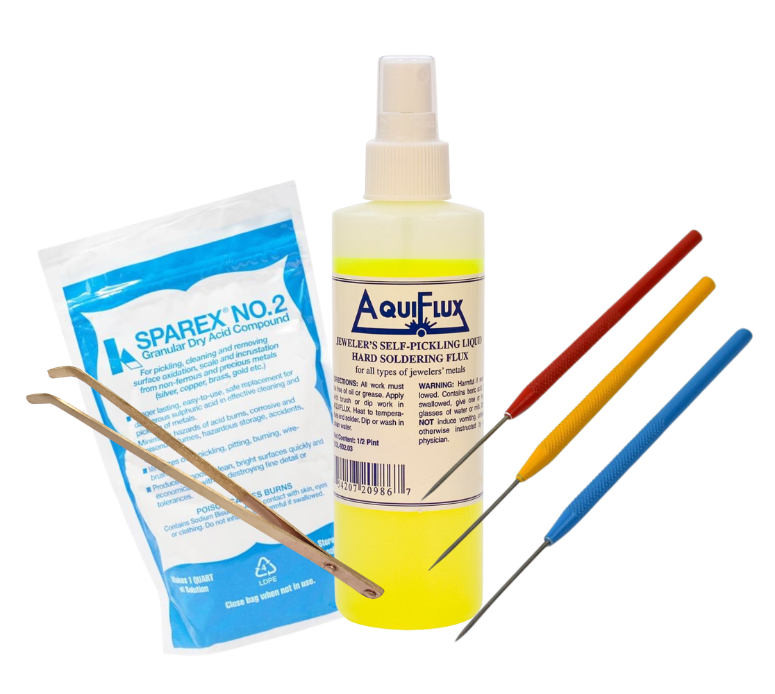 Complete Soldering and Finishing Kit with Aquiflux flux, Sparex acid compound, tweezers, and titanium picks for precise soldering and polishing
